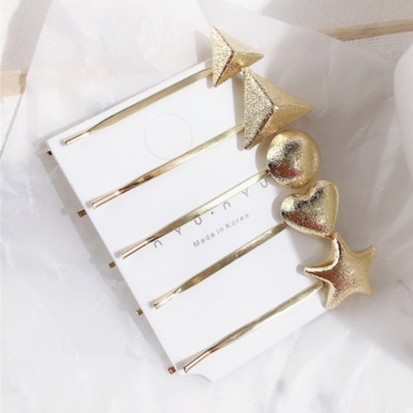 Holiday Gold Hair Clips Geometric Star Hearts Gold Shimmer Hair Clips Set of 5! - Picture 3 of 7
